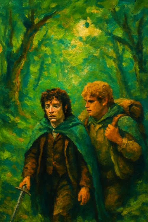 Yüzüklerin efendisi. Yağlı Boya / Sanatsal: Fırça darbeleri belli olan, tablo hissi veren sanatsal bir işleme. Frodo ve Sam: Yüzük Taşıma görevinde, ikonik bir sahnede. Yeşil Orman: Shire'ın yemyeşil ormanları.