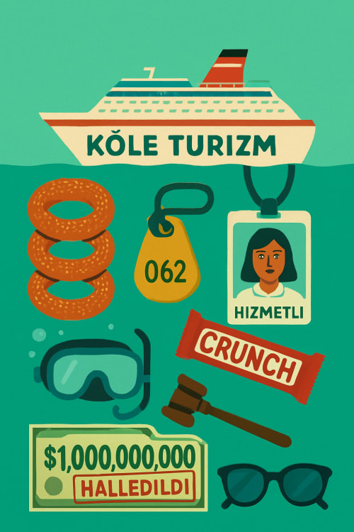 Büyük tatil gemisi olsun gövdesinde de köle Turizm yazsın,5 susamlı simit üst üste olsun ,hizmetli yazısı personel kartı şeklinde olsun kadınfigürü olsun fotoğraf kısmında, otel odası anahtarı olsun 062 yazsın , deniz gözlüğü olsun suyun içine düşmüş
