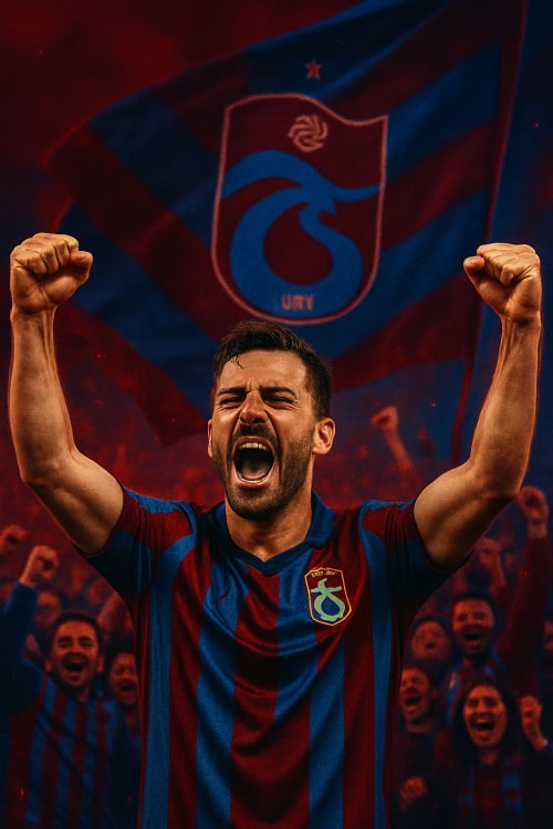 Trabzon sporlu. Gerçekçi Fotoğraf: Yüksek çözünürlüklü, gerçek bir fotoğraf gibi net ve detaylı. Trabzonspor Temalı: Takımın renkleri ve sembollerinin yer aldığı bir arka plan. Koyu Tonlar: Koyu ve derin kırmızı ve mavi tonları. Kutlama Atmosferi: Za