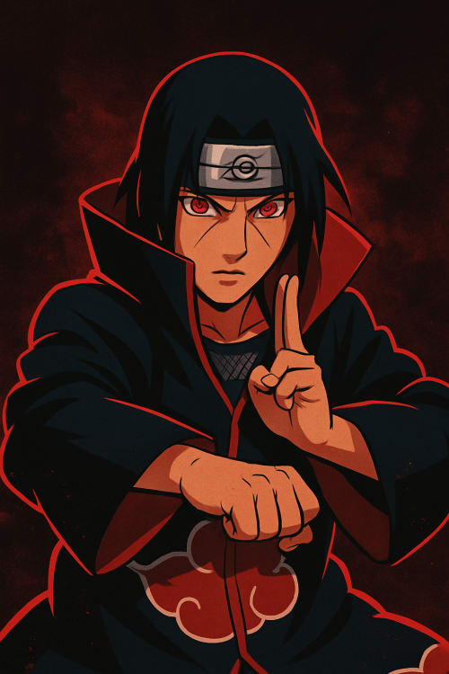 Uchiha itachi ve mangekyo sharinganlı bir tasarım. Çizgi Film / İllüstrasyon: Renkli, stilize, çizgi film veya illüstrasyon tarzında. Savaş Pozu: Mangekyou Sharingan'ını kullanırken, dövüş hazırlığında. Siyah ve Kırmızı: Karanlık bir arka planda, kır