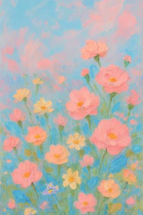 Pastel çiçek bahçesi. Yağlı Boya / Sanatsal: Fırça darbeleri belli olan, tablo hissi veren sanatsal bir işleme. Pastel Renk Geçişi: Nazik pastel tonlardan oluşan, hafif dalgalı bir arka plan. Mavi ve Pembe: Hafif mavi ve pembe tonlar31yla uyumlu bir
