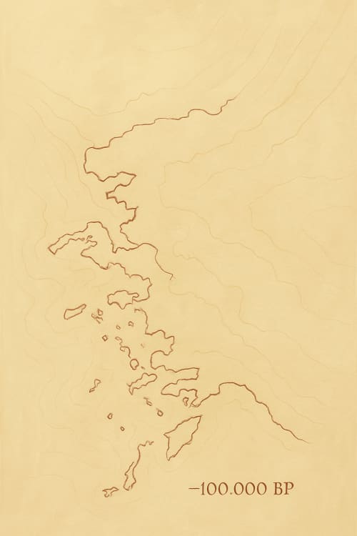 Krem-bej zemin. Ege Denizi ve Batı Anadolu kıyı hattının minimal, tek çizgi (monoline) haritası; ince, zarif, kartografik çizgilerle. Kıyı çizgisi buzul çağı / Paleolitik dönemdeki daha düşük deniz seviyesine göre, daha geniş kara ve anakaraya yaklaş