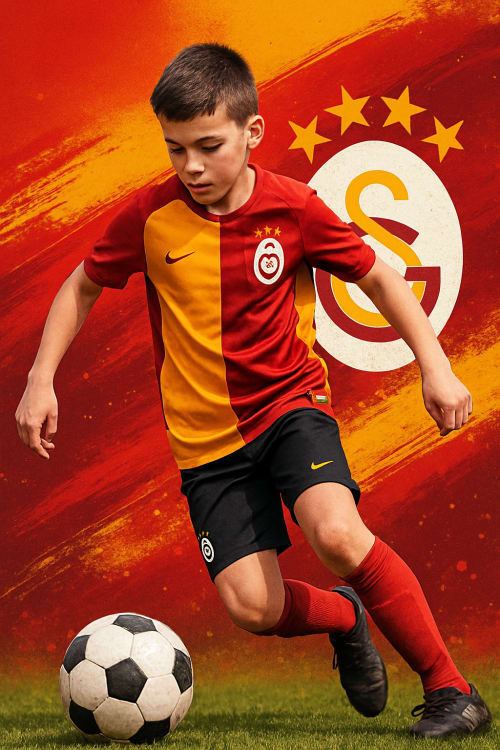 13 yaşımda bir futbolcuyum fanatik galatasaraylıyım. Gerçekçi Fotoğraf: Yüksek çözünürlüklü, gerçek bir fotoğraf gibi net ve detaylı. Aksiyon Pozu: Topa vururken veya top sürerken dinamik bir an. Galatasaray Temalı: Renkler ve sembollerle dolu bir ar