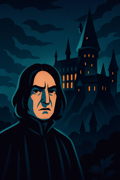 Snape karakteri içeren bi tasarım oluştur. Çizgi Film / İllüstrasyon: Renkli, stilize, çizgi film veya illüstrasyon tarzında. Karanlık Bir Atmosfer: Gölgeler arasında, gizemli bir şekilde beliren bir poz. Hogwarts Okulu: Hogwarts kalesinin silueti, m