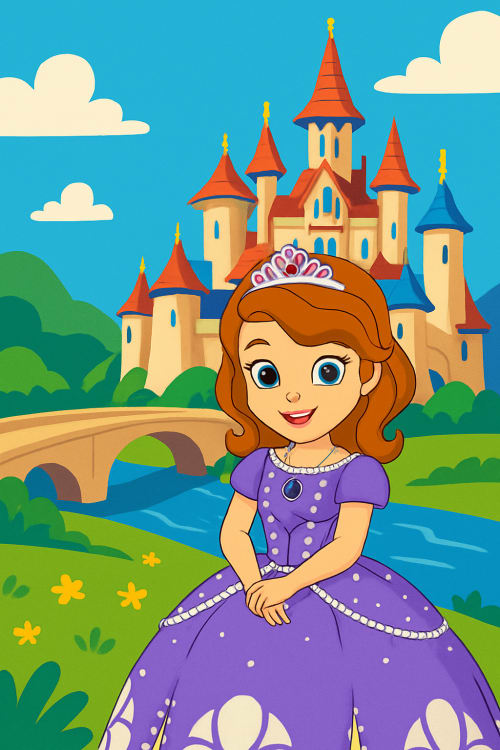 Sofia The First. Çizgi Film / İllüstrasyon: Renkli, stilize, çizgi film veya illüstrasyon tarzında. Kraliyet Sarayı: Sofia'nın sarayını yansıtan bir arka plan.