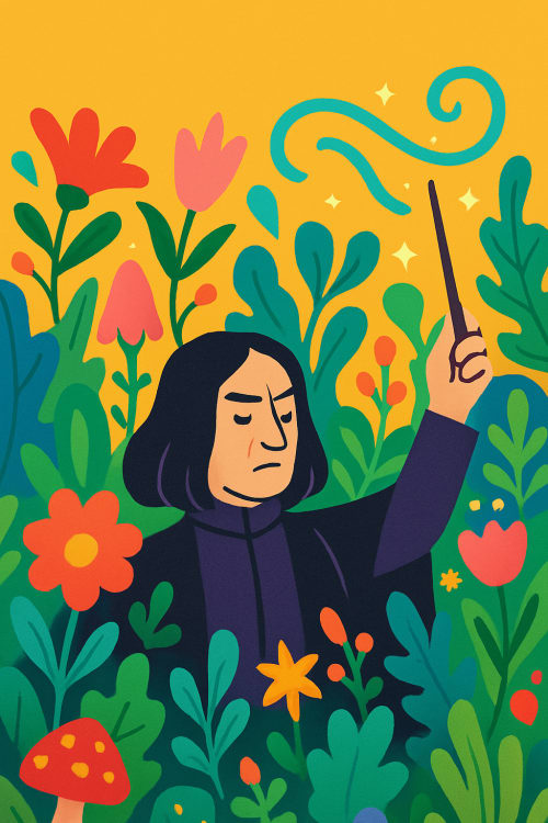 Snape karakteri içeren bir tasarım. Çizgi Film / İllüstrasyon: Renkli, stilize, çizgi film veya illüstrasyon tarzında. Büyü Yaparken: Büyü yaparken, asasını kaldırmış bir poz. Sihirli Bahçe: Rengarenk bitkilerle dolu, sihirli bir bahçe.