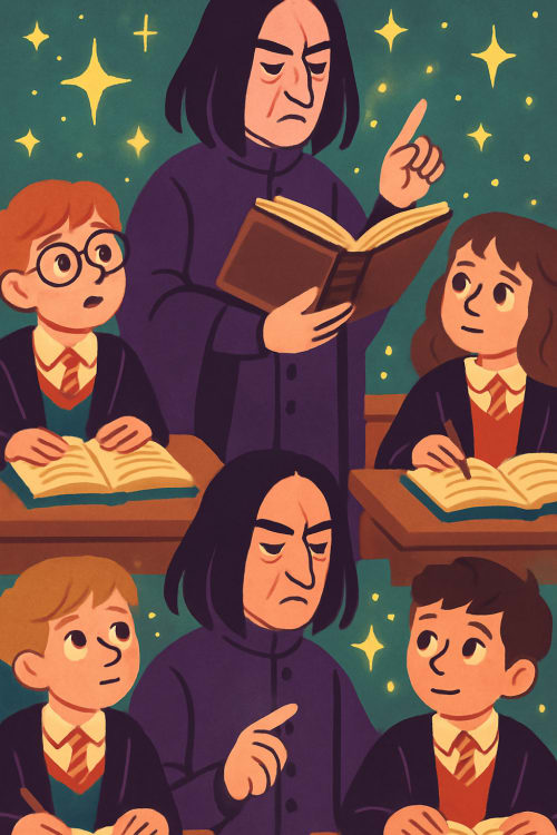 Snape karakterini içeren ama zararlı olmayan bir içerik tasarla. Çizgi Film / İllüstrasyon: Renkli, stilize, çizgi film veya illüstrasyon tarzında. Sınıf İçinde: Öğrencilere ders verirken, dikkatlice bakarken. Büyülü Atmosfer: Sihirli bir hava kataca