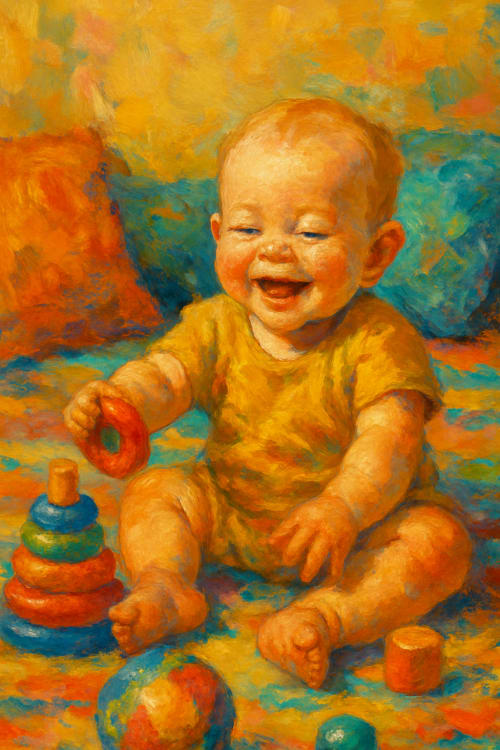 bebek. Yağlı Boya / Sanatsal: Fırça darbeleri belli olan, tablo hissi veren sanatsal bir işleme. Oynayan Bebek: Yerde oyuncaklarıyla oynayan, neşeli bir bebek. Oyun Alanı: Bebek oyuncakları ve yastıklarla dolu bir oyun alanı.