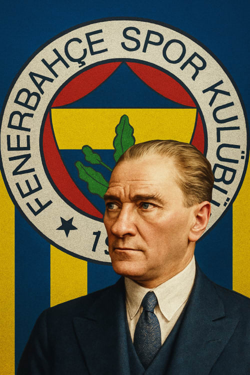 Fenerbahçe ve atatürk logolu bir şeyler istiyorum. Gerçekçi Fotoğraf: Yüksek çözünürlüklü, gerçek bir fotoğraf gibi net ve detaylı. Arka planda: Fenerbahçe logosu arka planda, Atatürk önde belirgin olacak şekilde. Fenerbah e7e Renkleri: Sarı ve laciv