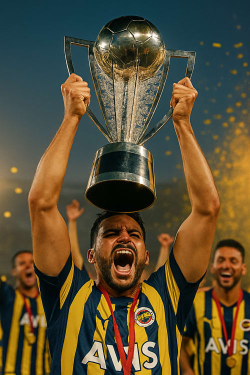 Fenerbahçeli bir şeyler yap güncel olsun. Gerçekçi Fotoğraf: Yüksek çözünürlüklü, gerçek bir fotoğraf gibi net ve detaylı. Kupa Töreni: Şampiyonluk kupasını kaldırırken, coşkulu bir an.