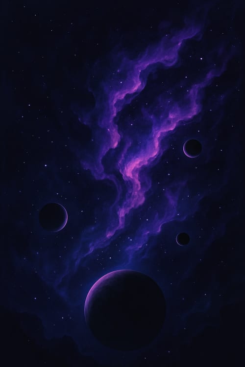 Gece mavisi ile neon moru karışımı uzay temalı bir şey olabilir. Uzay Manzarası: Karanlık bir uzay manzarası, gezegenler ve nebula ile. Küçük Gezegenler: Birden fazla küçük gezegen, derinlik hissi versin. Karanlık ve Gizemli: Daha fazla gölgelerin ol