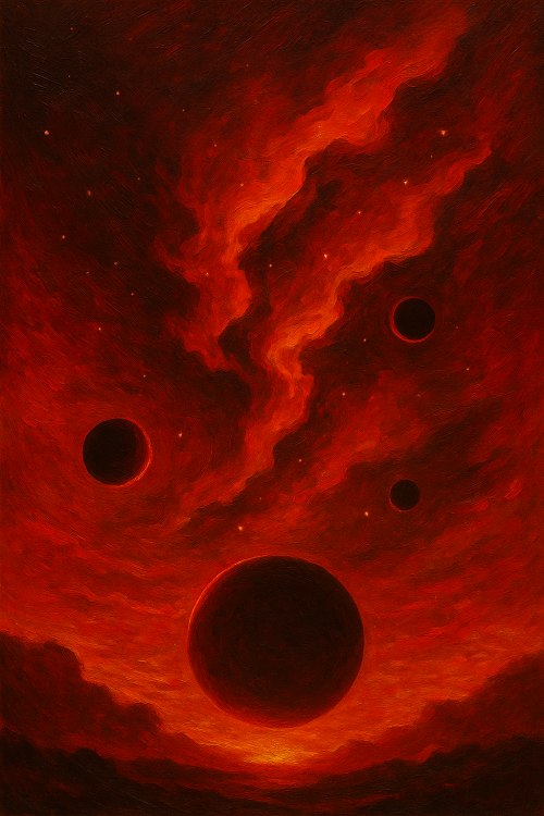 dark space scene with a mix of deep blue and neon purple colors, multiple small planets, nebula, mysterious atmosphere with enhanced shadows, depth effect, Birazda kızıl tema ekler misin?. Yağlı Boya / Sanatsal: Fırça darbeleri belli olan, tablo hiss
