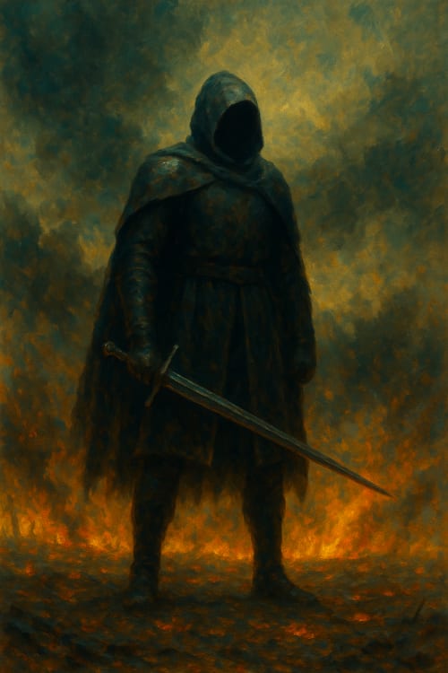 artistic oil painting style, warrior named "Ashen" standing on a battlefield with a sword parallel to the ground, dark and foggy background, brushstroke texture, Daha geniş bir savaş alanında yalnız başına dursun. Yağlı Boya / Sanatsal: Fırça darbele