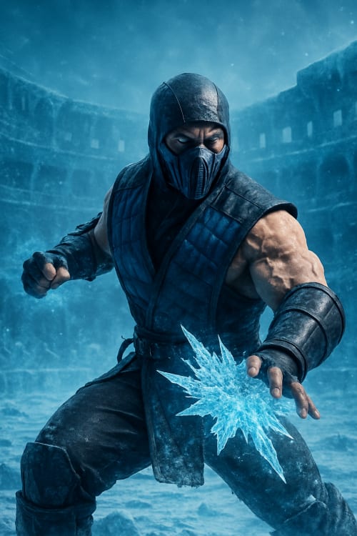 Sub zero. Gerçekçi Fotoğraf: Yüksek çözünürlüklü, gerçek bir fotoğraf gibi net ve detaylı. Savaş Pozu: Buz gücünü sergileyerek, tehditkar bir duruş. Buzlu Arena: Buzdan bir arenada, aksiyon dolu bir savaş atmosferi.