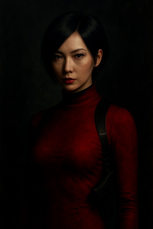 Ada Wong temalı Resident Evil 4 Remake kapağı. Gerçekçi Fotoğraf: Yüksek çözünürlüklü, gerçek bir fotoğraf gibi net ve detaylı. Portre: Ciddi bir ifadeyle, karizmatik bir duruşta. Karanlık ve Gizemli: Ada Wong'un karakterine uygun, derin ve gizemli b