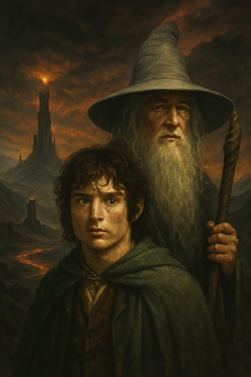 Yüzüklerin efendisini yap. Gerçekçi Fotoğraf: Yüksek çözünürlüklü, gerçek bir fotoğraf gibi net ve detaylı. Karakterler Arasında: Frodo ve Gandalf gibi ana karakterlerin bir arada yer aldığı sahne. Mordor Manzaras1: Karanlık ve tehditkar bir manzara