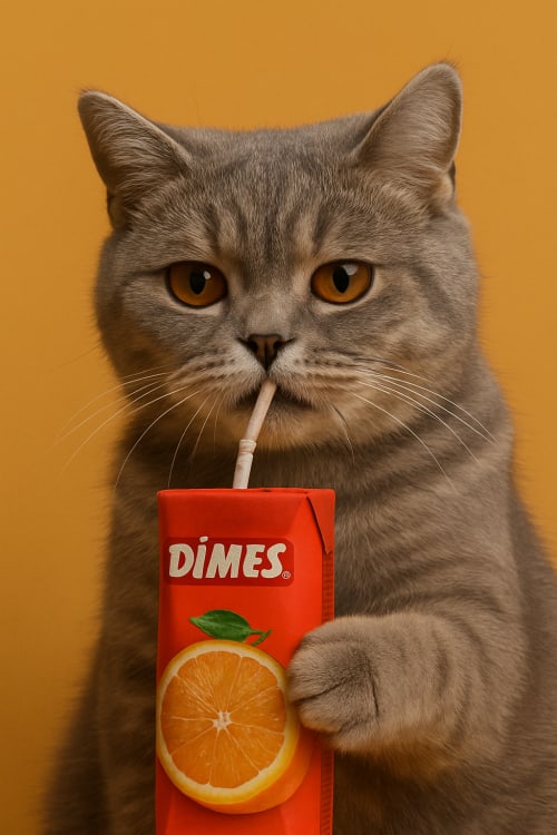 Gri renk scotiş kedi elinde dimes meyve suyu. Gerçekçi Fotoğraf: Yüksek çözünürlüklü, gerçek bir fotoğraf gibi net ve detaylı. Eğlenceli An: Kedinin meyve suyunu içmeye çalıştığı bir sahne. Sade Arka Plan: Dikkati kedinin üzerinde tutacak, düz bir ar