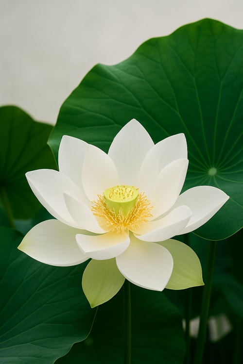 Yeşil ile uyumlu şeffaf, arkasinda beyaz buyuk lotus çiçeği. Gerçekçi Fotoğraf: Yüksek çözünürlüklü, gerçek bir fotoğraf gibi net ve detaylı. Büyük Yapraklar: Büyük, yeşil yapraklarıyla birlikte etkileyici bir görünüm. Sade ve Duru: Beyaz ve hafif bu