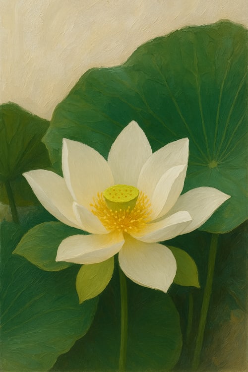 realistic transparent background with a large white lotus flower, impressive green leaves, soft blurred white backdrop, high resolution photorealistic quality, Yanlardan yapraklari olan, yesilli beyazli lotus cicegi. Yağlı Boya / Sanatsal: Fırça darb
