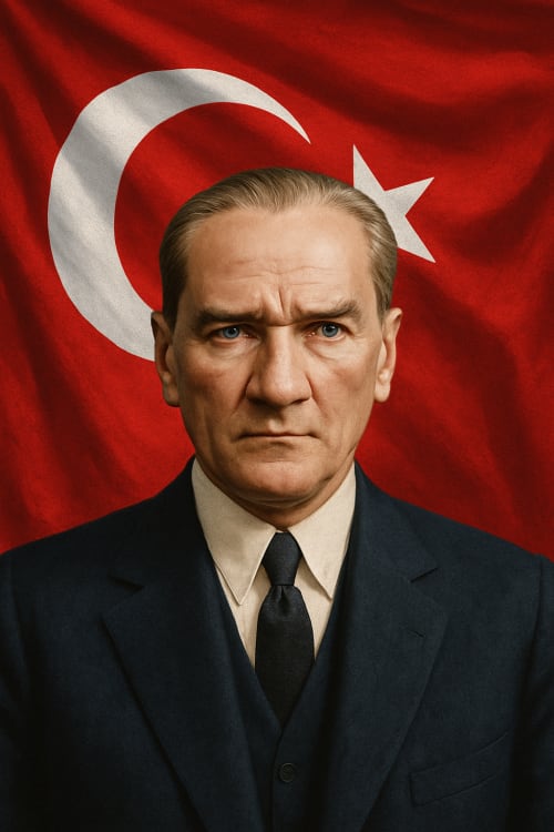 Atatürk bayrak. Gerçekçi Fotoğraf: Yüksek çözünürlüklü, gerçek bir fotoğraf gibi net ve detaylı. Ciddi Durum: Sadece ön planda, ciddi bir ifadeyle. Türk Bayrağı: Arka planda dalgalanan bir Türk bayrağı.
