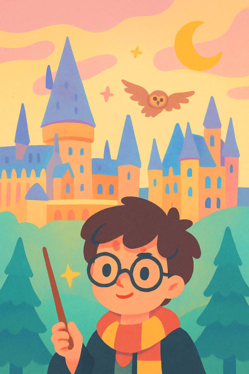 Heri poter. Çizgi Film / İllüstrasyon: Renkli, stilize, çizgi film veya illüstrasyon tarzında. Hogwarts Temalı Arka Plan: Hogwarts kalesi veya büyücülük temalı detaylar. Pastel Renkler: Yumuşak ve pastel tonlar, daha nazik bir atmosfer için.