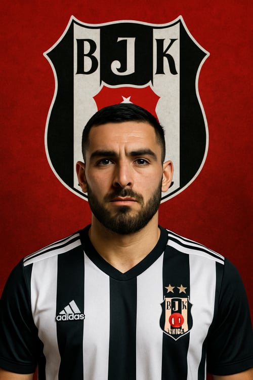 Orkun kökçü beşiktaş. Gerçekçi Fotoğraf: Yüksek çözünürlüklü, gerçek bir fotoğraf gibi net ve detaylı. Portre Pozu: Ciddi bir ifadeyle, Beşiktaş formasında. Takım Logosu Arka Planı: Beşiktaş logosu ile tasarlanmış bir arka plan.