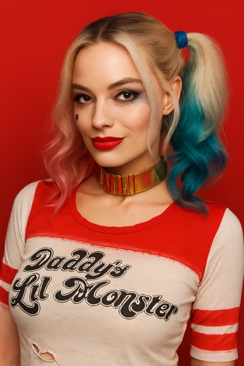 sexy harley quinn. Gerçekçi Fotoğraf: Yüksek çözünürlüklü, gerçek bir fotoğraf gibi net ve detaylı. Cazibe ve Çekicilik: Kameraya doğru bakarken, alaycı bir gülümseme ile. Sade Arka Plan: Düz, tek renk bir arka plan.