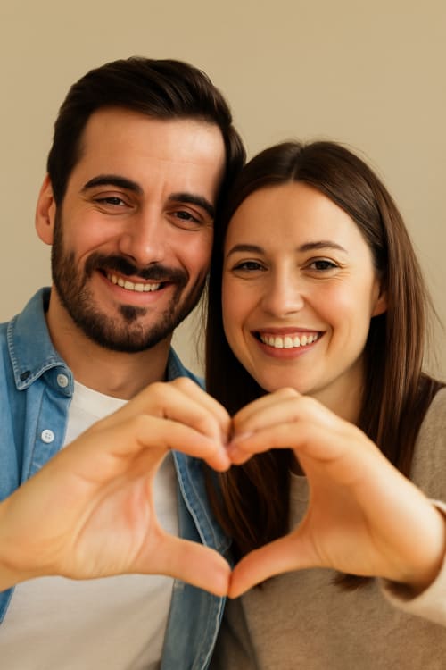 Eşim ile ikimizin adının olduğu binkilif istoyorumr esmimin ve benim fotografimizla birlikte. Gerçekçi Fotoğraf: Yüksek çözünürlüklü, gerçek bir fotoğraf gibi net ve detaylı. Ellerinize Kalp Şekli: Ellerinizle kalp şekli yaparken. Sade ve Düz: Dikkat