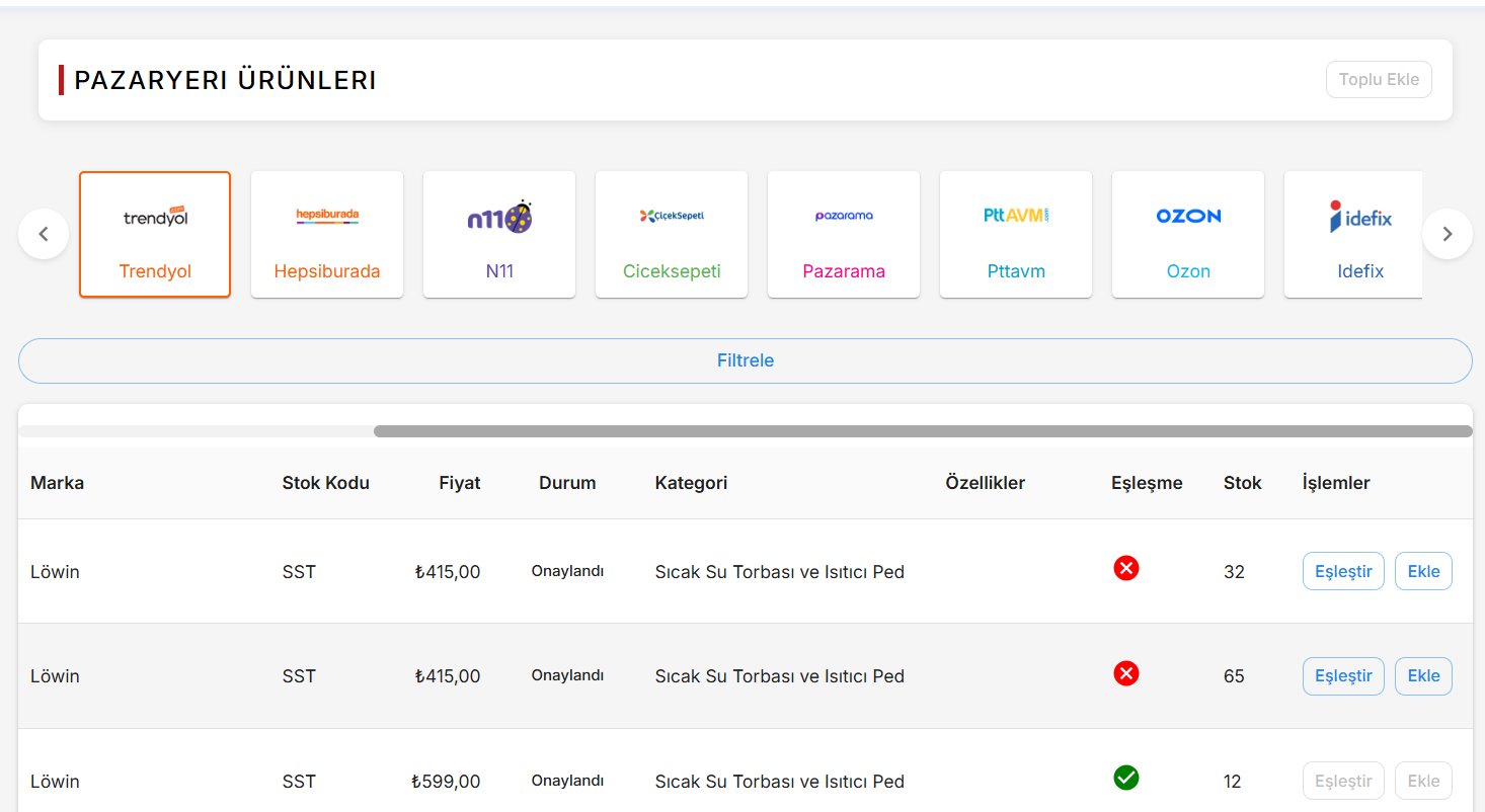 Stok programı ürün eşleştirme ekranı