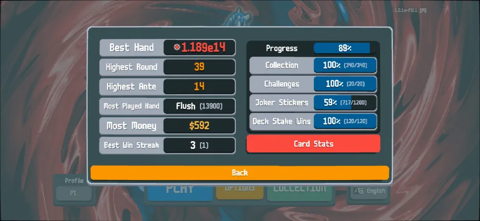 Balatro stats screen showing progress at 89%. Everything is at 100% except joker stickers which is at 59% Also most played hand is Flush, played 13900 times.