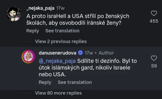 @nejaka paja: A proto israHell a USA střílí po ženských školách, aby osvobodili íránské ženy? @danusenerudova: @nejaka_paja Sdilite ti dezinfo. Byl to útok islámských gard, nikoliv Israele nebo USA.