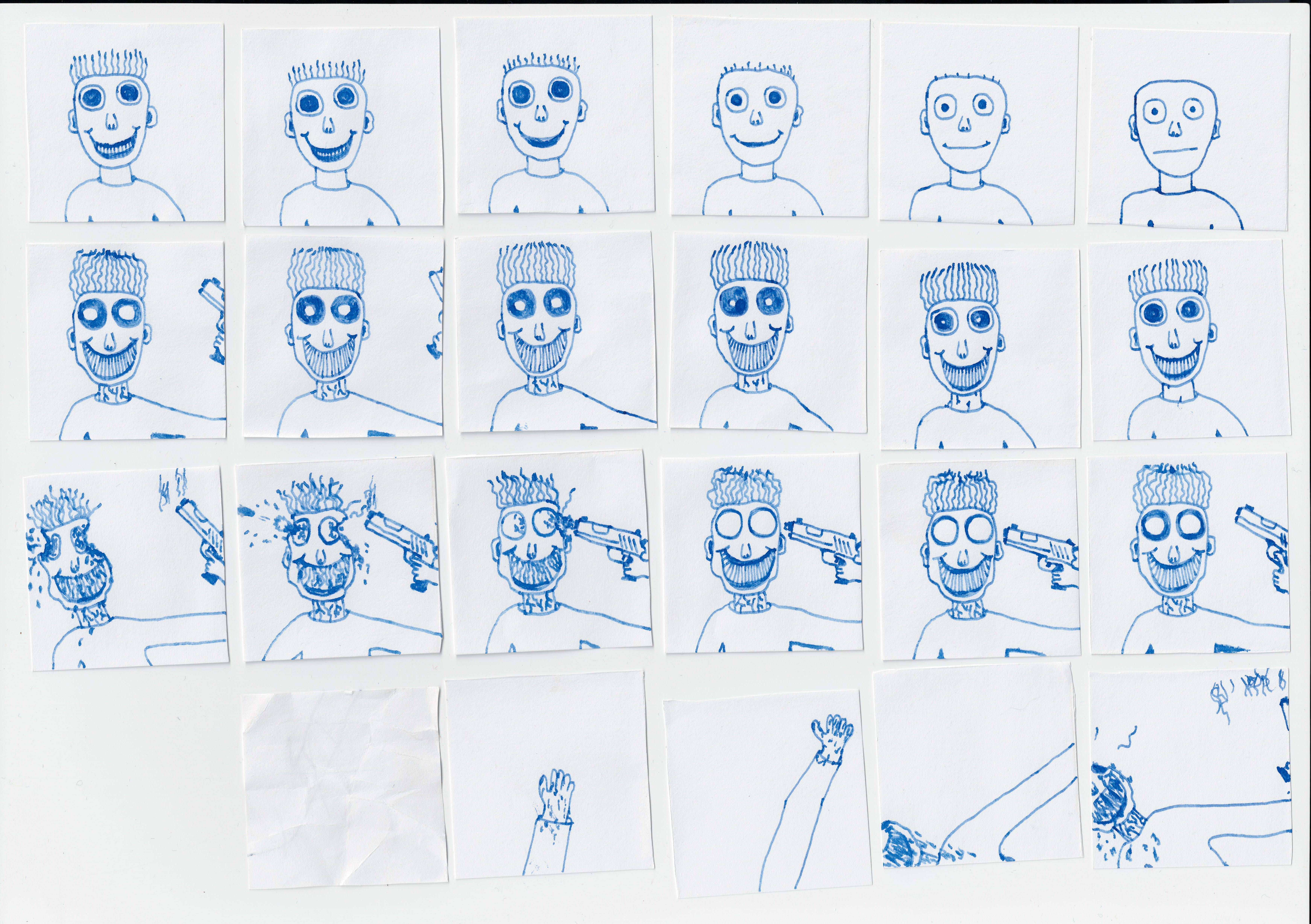 Individual hand-drawn frames of the first animation