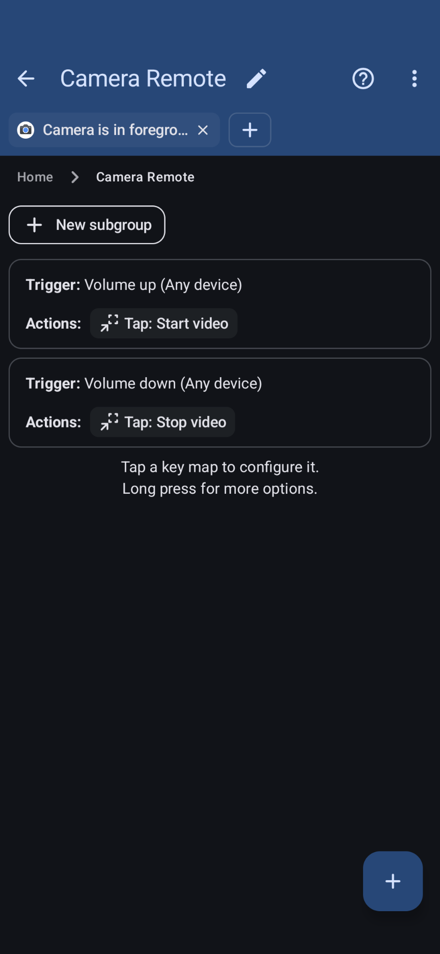 KeyMapper screenshot. Group named Camera Remote. Trigger: Volume up (Any device) Actions: Tap: Start video. Trigger: Volume down (Any device): Actions: Tap: Stop video