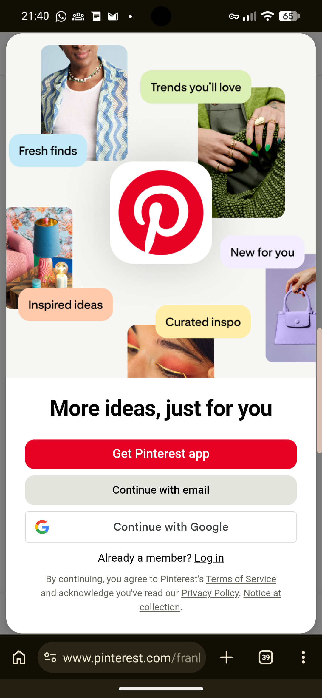 Phone screenshot of Pinterest forcing me to log in to view content