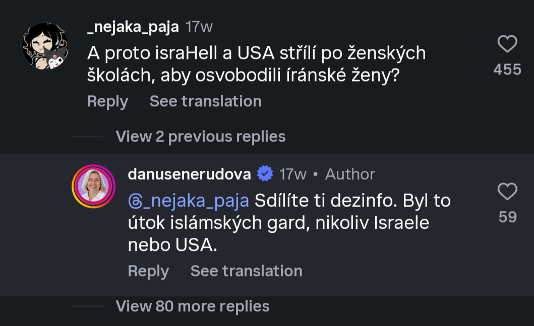 @nejaka paja:
A proto israHell a USA střílí po ženských
školách, aby osvobodili íránské ženy?
@danusenerudova:
@nejaka_paja Sdilite ti dezinfo. Byl to
útok islámských gard, nikoliv Israele
nebo USA.