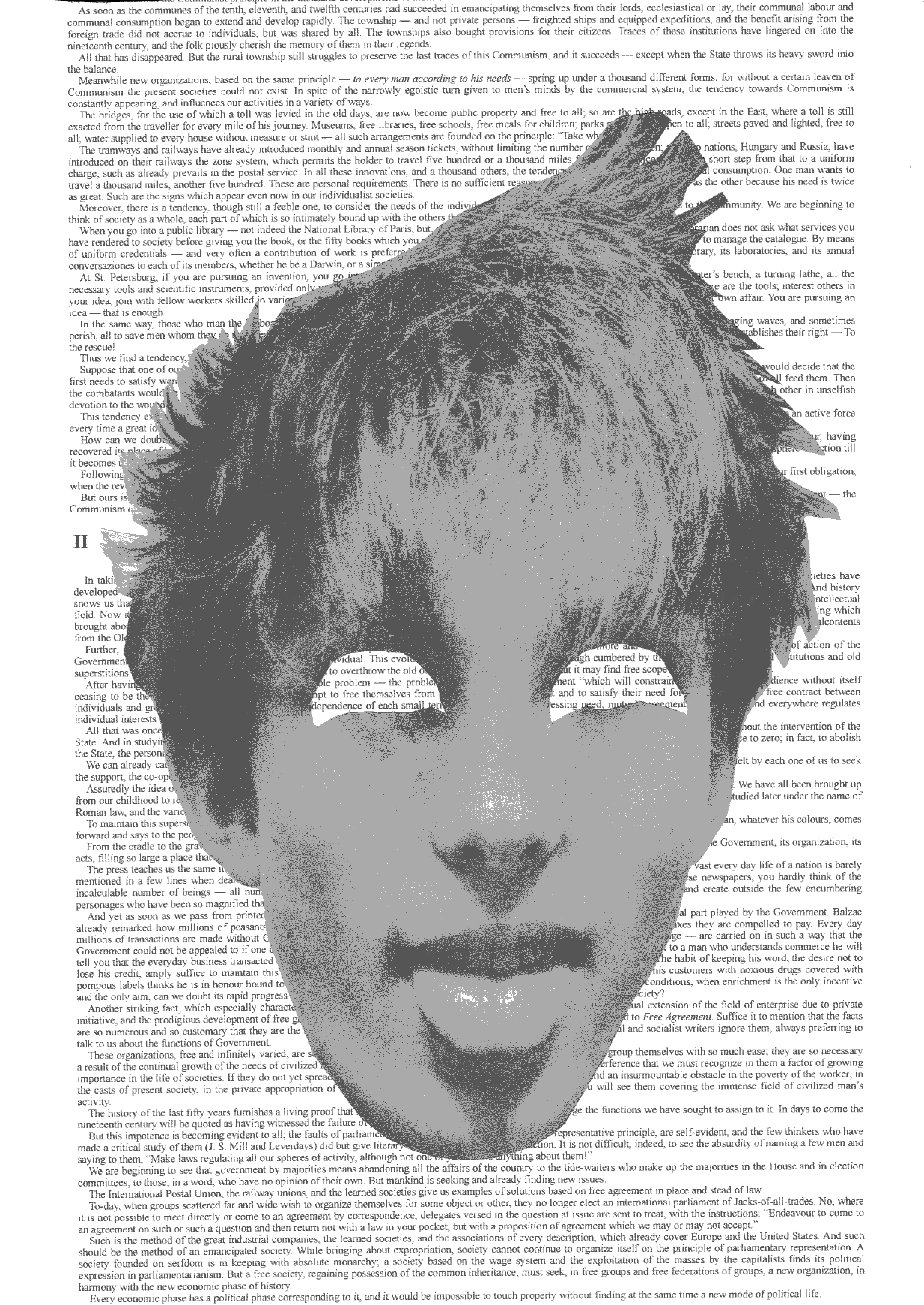 My face without eyes on a page from Kropotkin's The Conquest of Bread. Black and white.