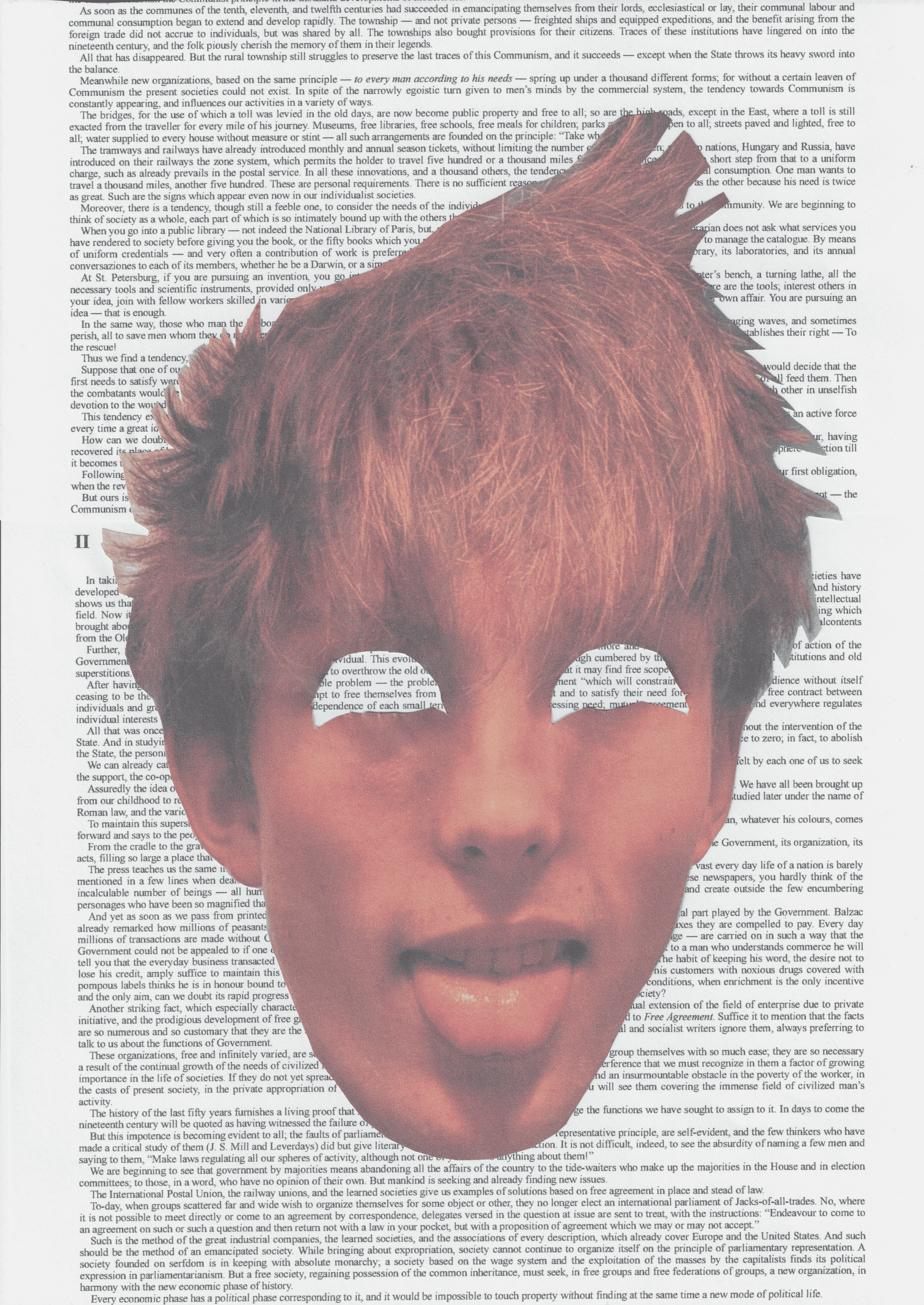 My face without eyes on a page from Kropotkin's The Conquest of Bread