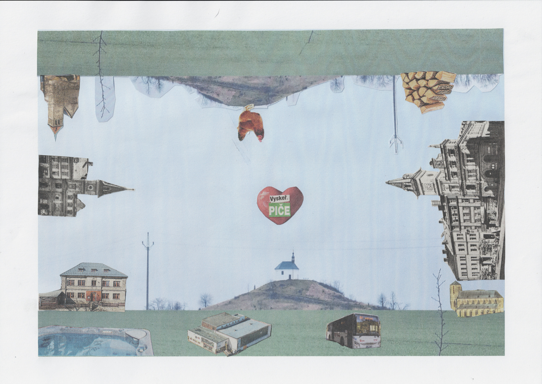 Paper collage featuring the Vyskeř hill