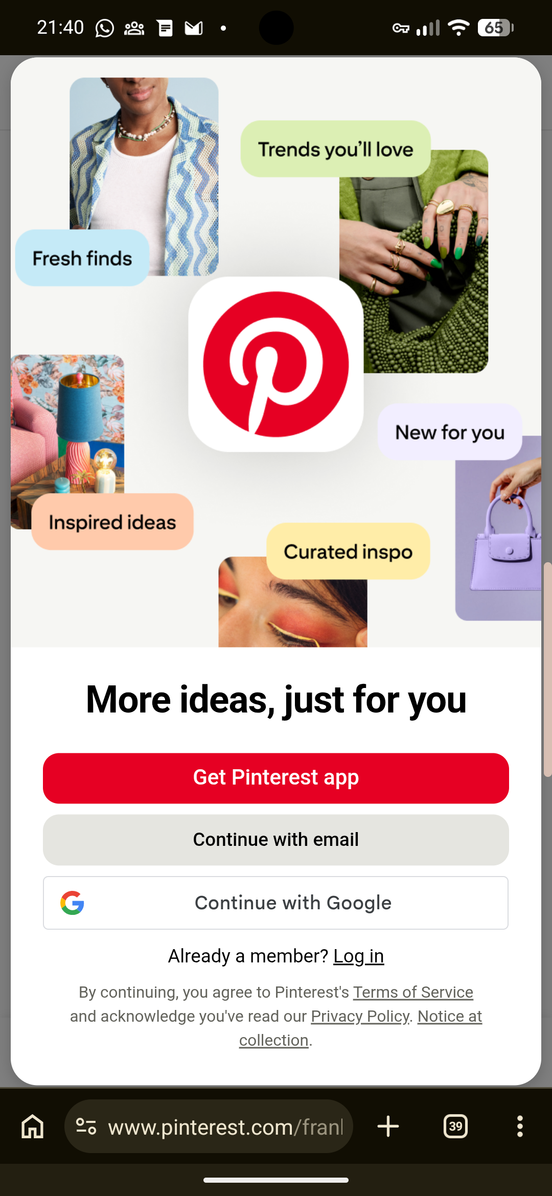 Phone screenshot of Pinterest forcing me to log in to view content