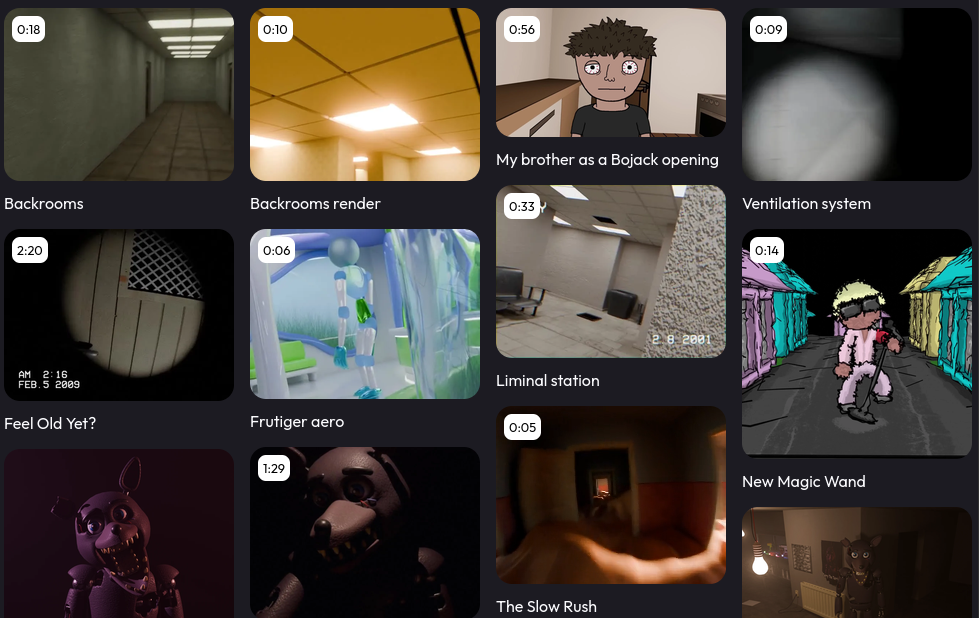 Pinterest-like grid of various pictures and videos with titles
