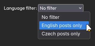 Open language filter dropdown with "No filter", czech and english options