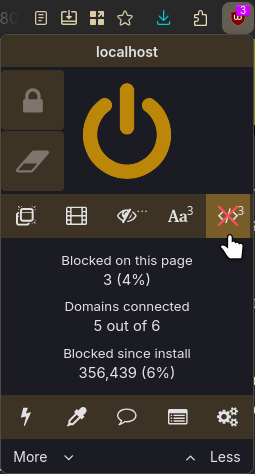 uBlock extension menu with the "disable javascript" button highlighted