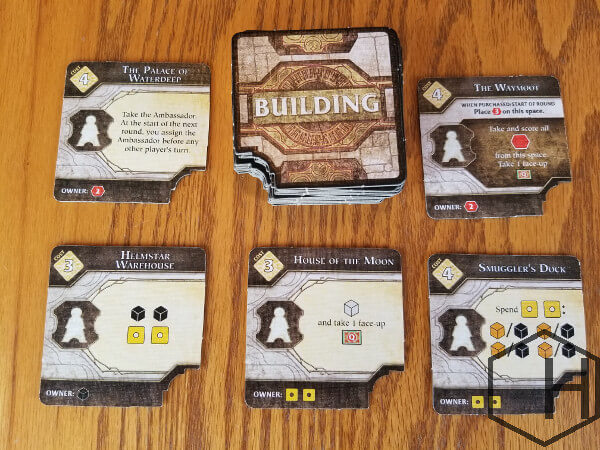 Lords of Waterdeep building cards that add new action spaces