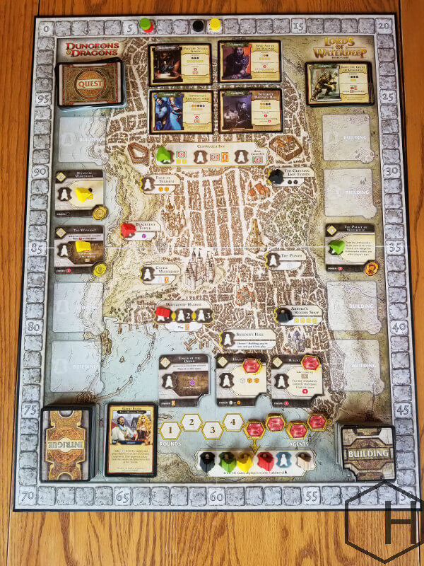The Lords of Waterdeep game board fully set up for play