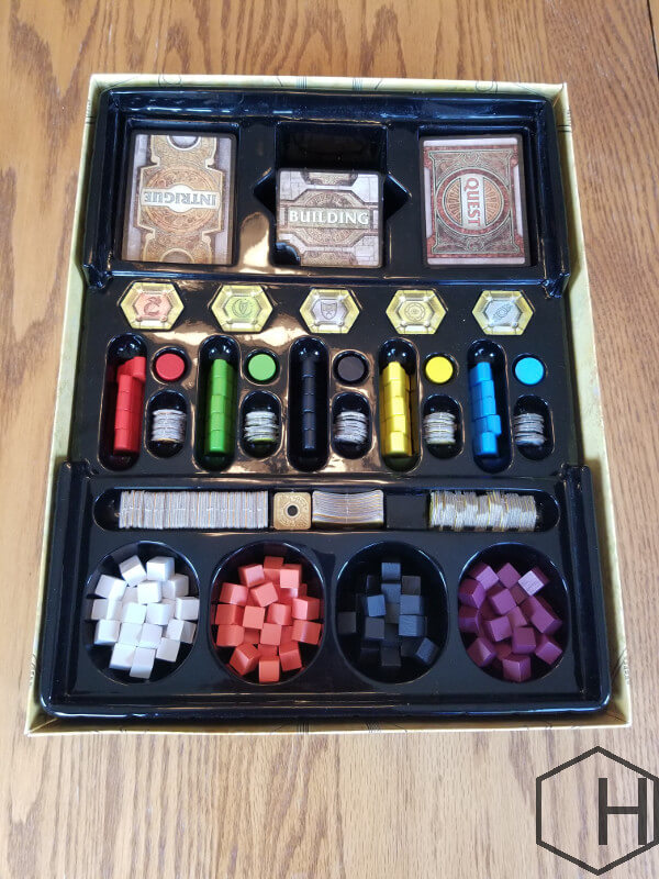 The Lords of Waterdeep box organizer keeping components sorted