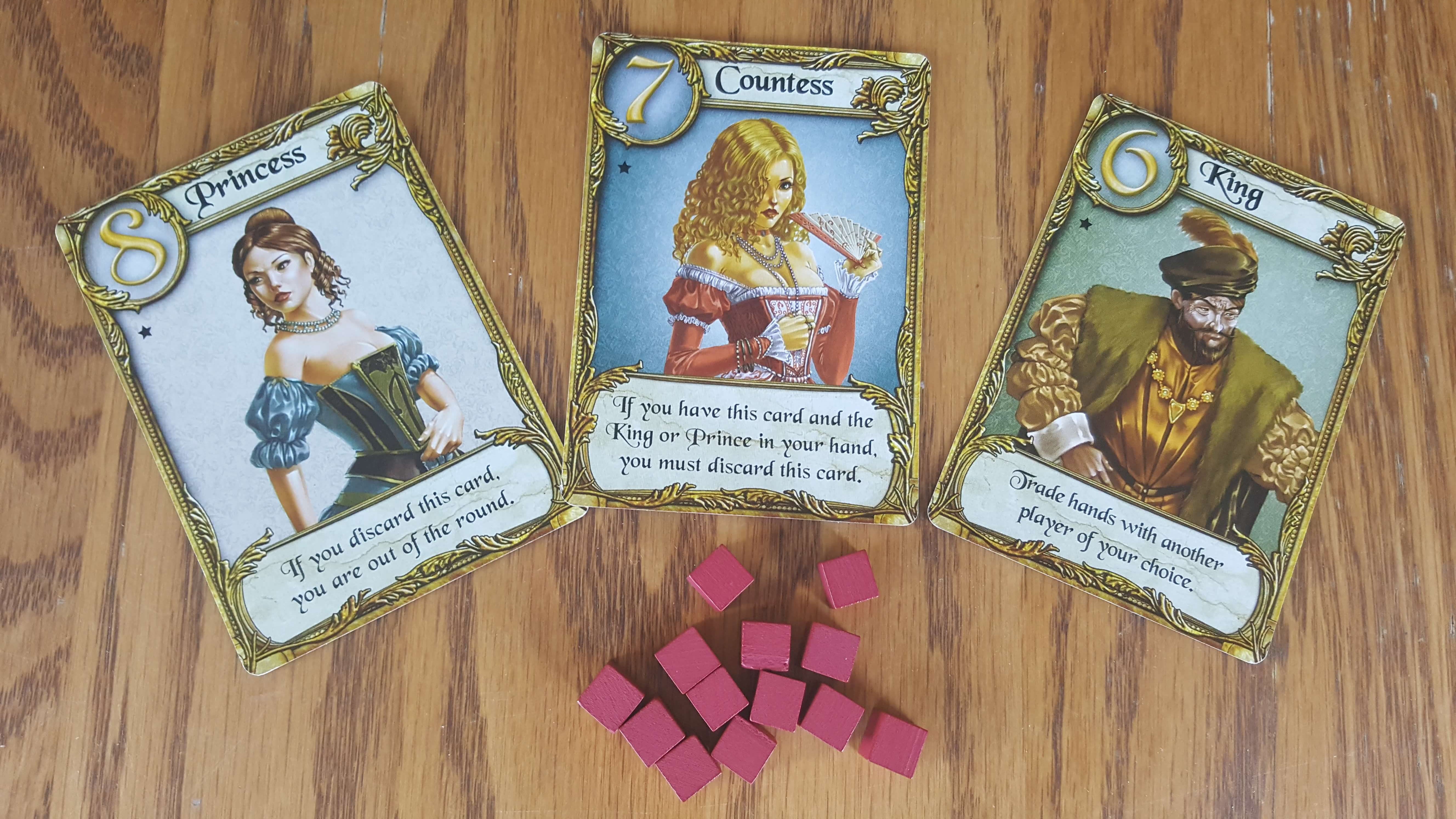 The Love Letter cards and tokens laid out