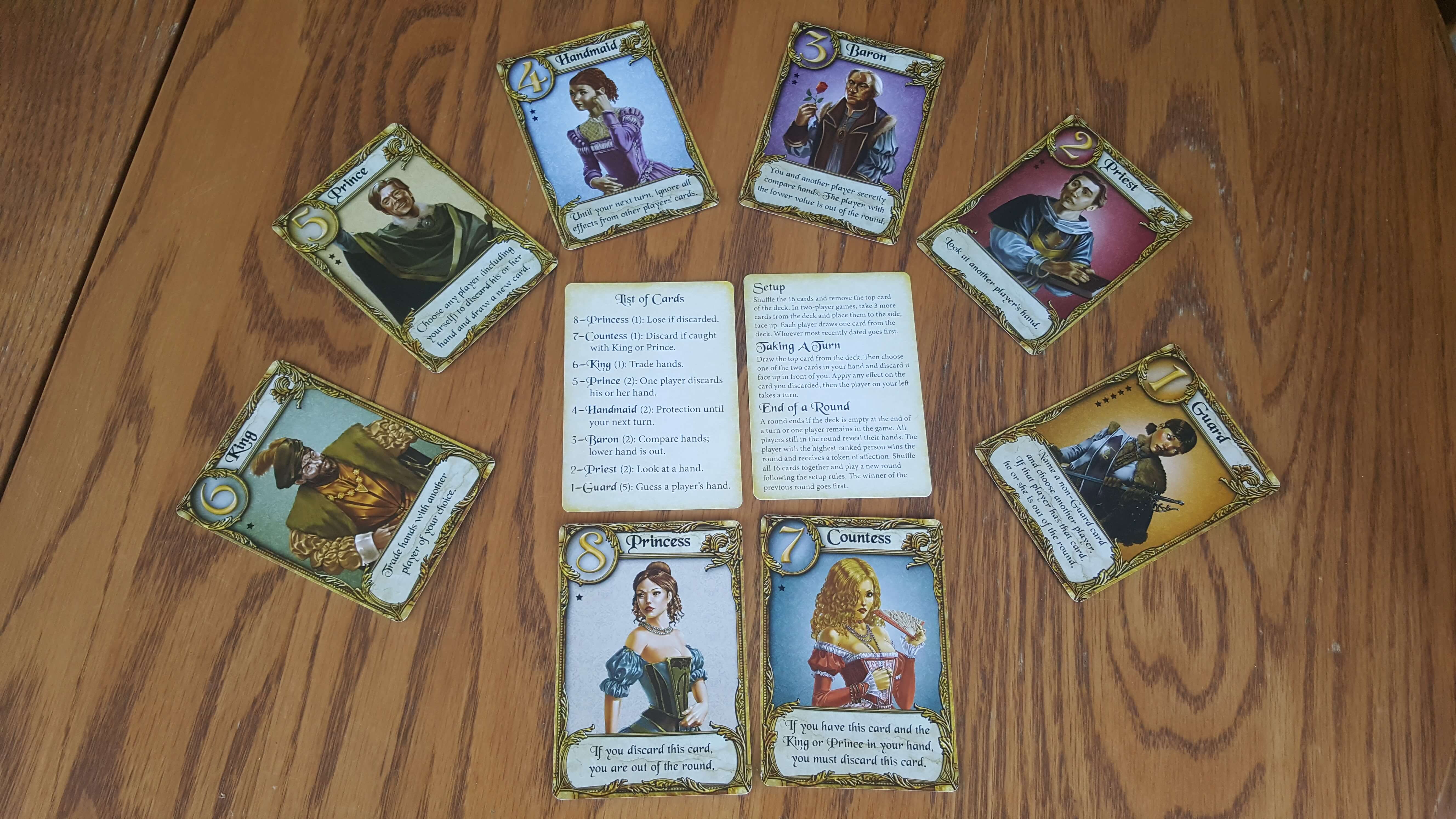 The eight character role cards in Love Letter