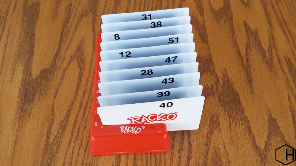 A Rack-O rack with cards still out of order