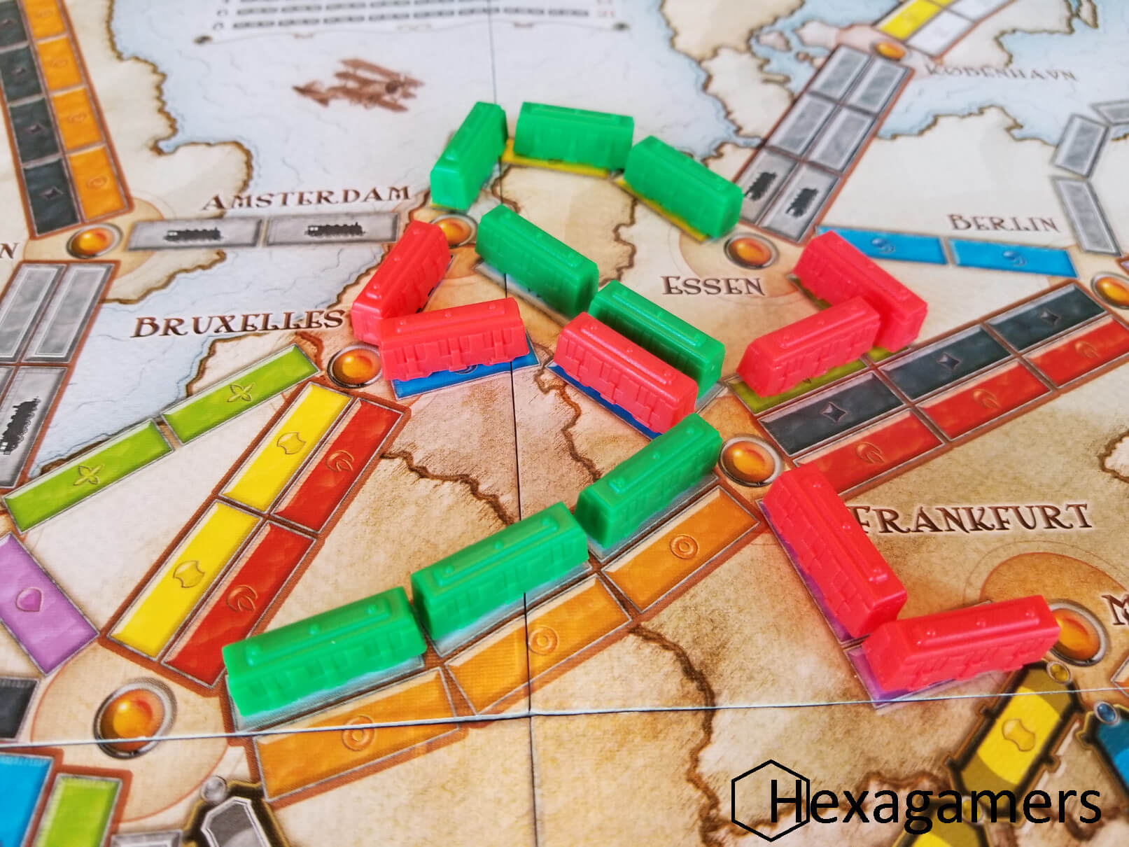 Ticket to Ride Europe board mid-game Ticket to Ride Europe game board set up with coloured trains