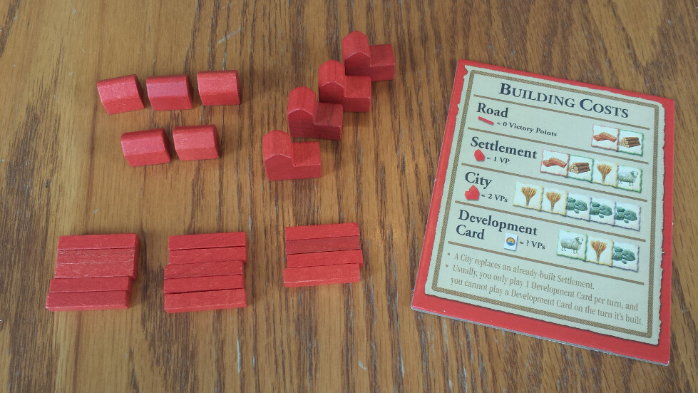 Catan building pieces — roads, settlements, and cities in one colour next to the building costs reference card